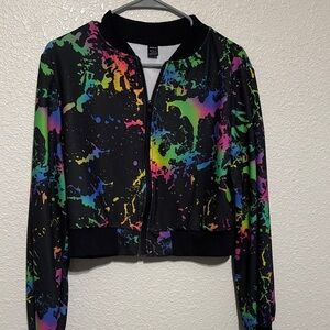 Cropped Black Jacket with Rainbow Paint-Splash Print